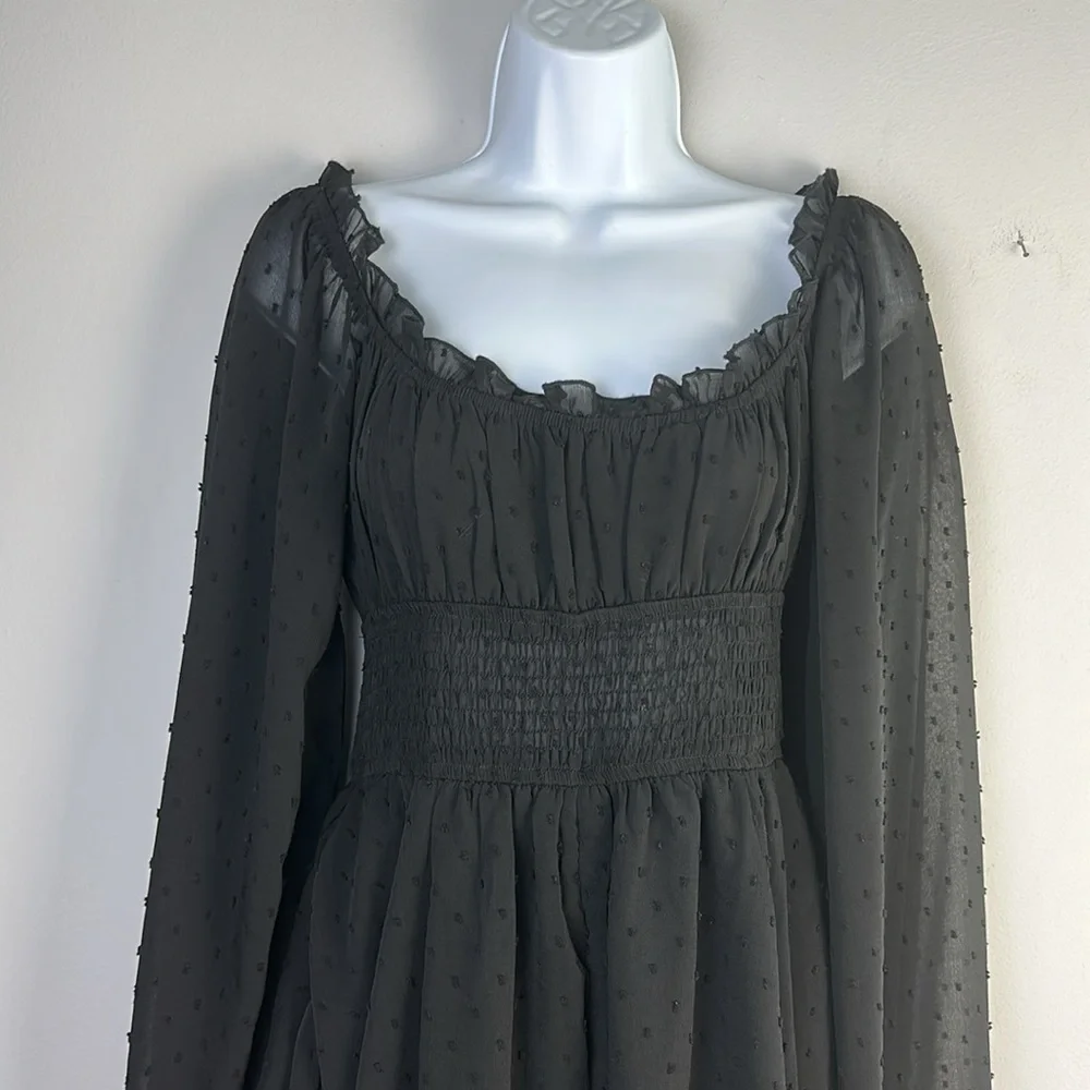 Urban Outfitters Rosie Clip Dot Smocked Long Sleeve Romper SM Black Fairygoth - Picture 5 of 16